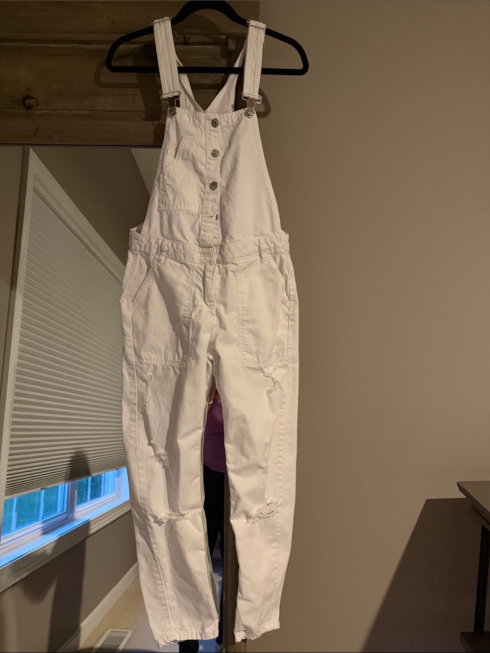 Zara White Distressed Denim Overalls